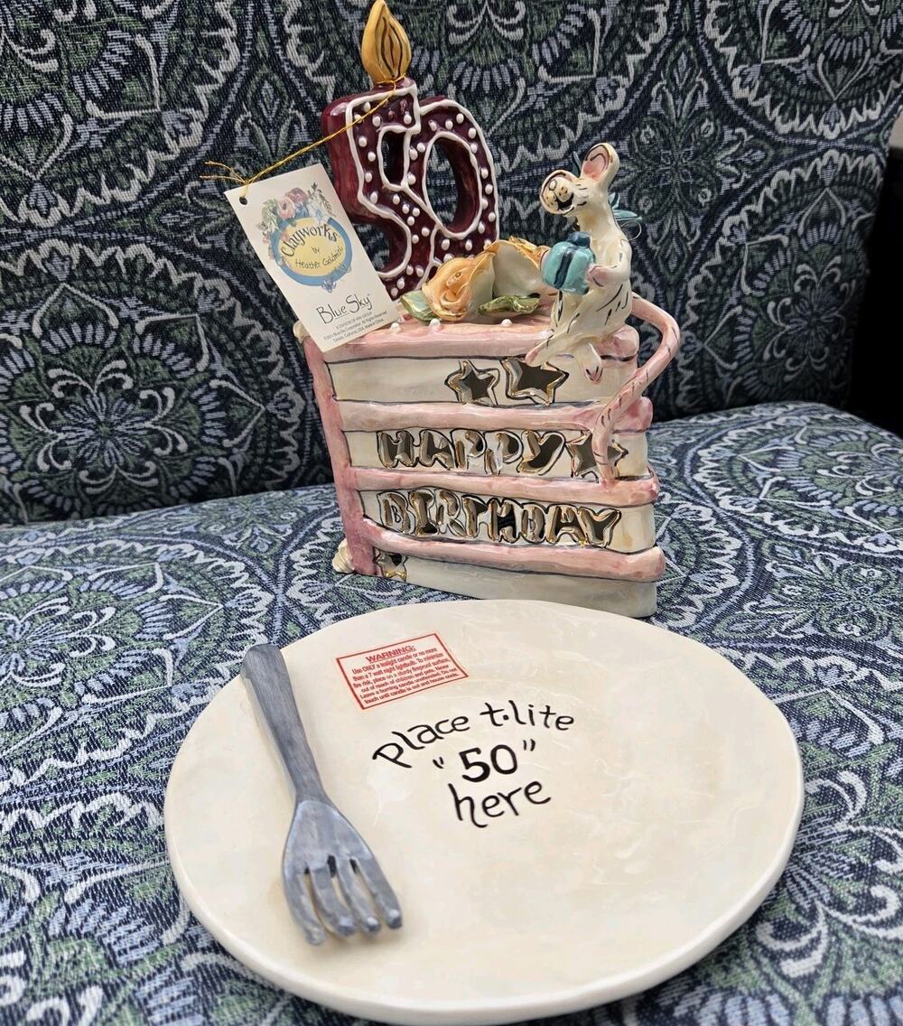 BLUE SKY CLAYWORK HEATHER GOLDMINC 50th Birthday Cake, Candle Tealight 2001 Wtag